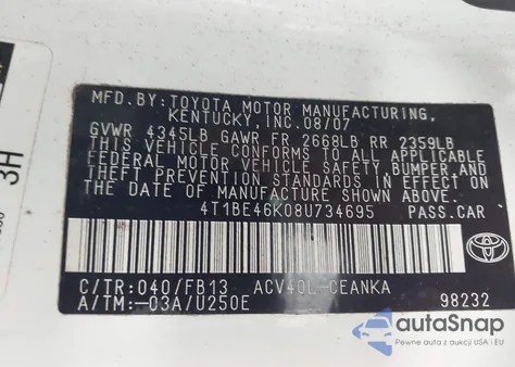 2008 Toyota Camry Le из США, поврежденный, VIN 4T1BE46K08U734695